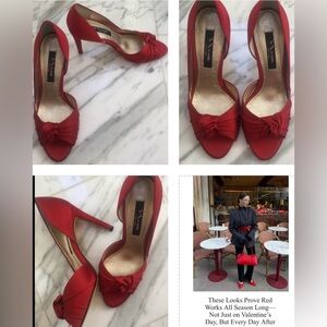 NINA ,DEEP RED SATIN PEEP TOE HEELS